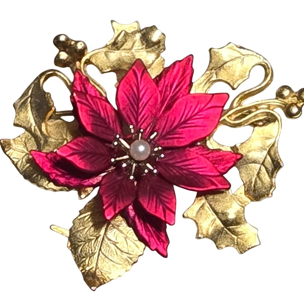 Fashion Bug Poinsettia Brooch Gold Tone Red Christmas Holiday Pin